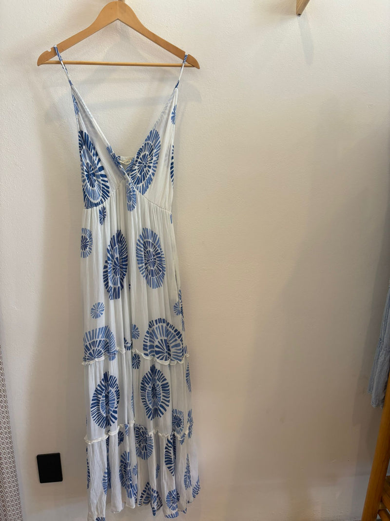 Vestido Largo blanco con detalles en  azul