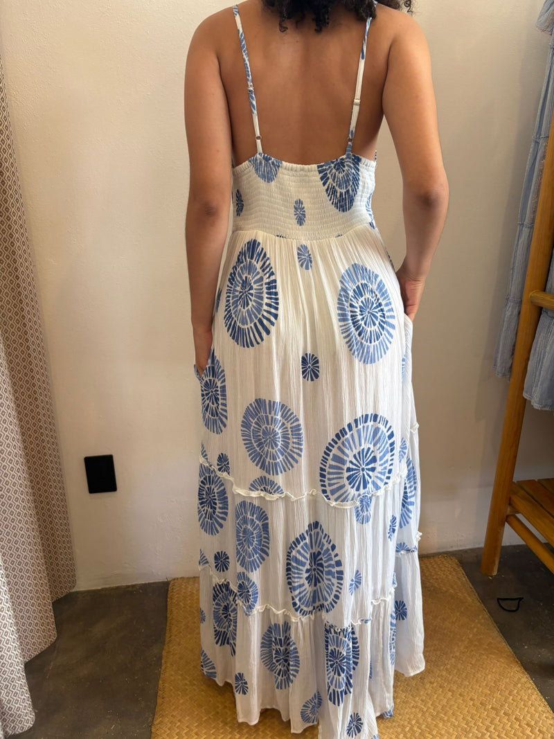 Vestido Largo blanco con detalles en  azul