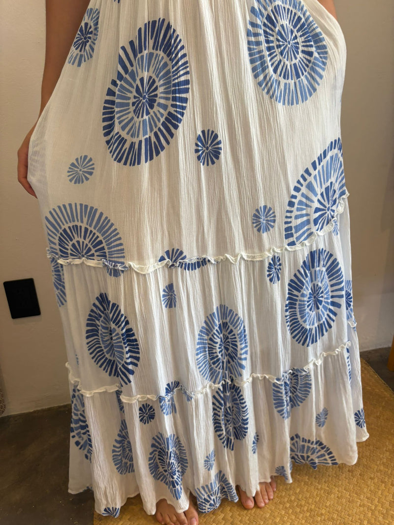 Vestido Largo blanco con detalles en  azul