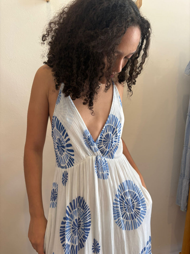 Vestido Largo blanco con detalles en  azul