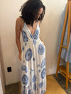 Vestido Largo blanco con detalles en  azul