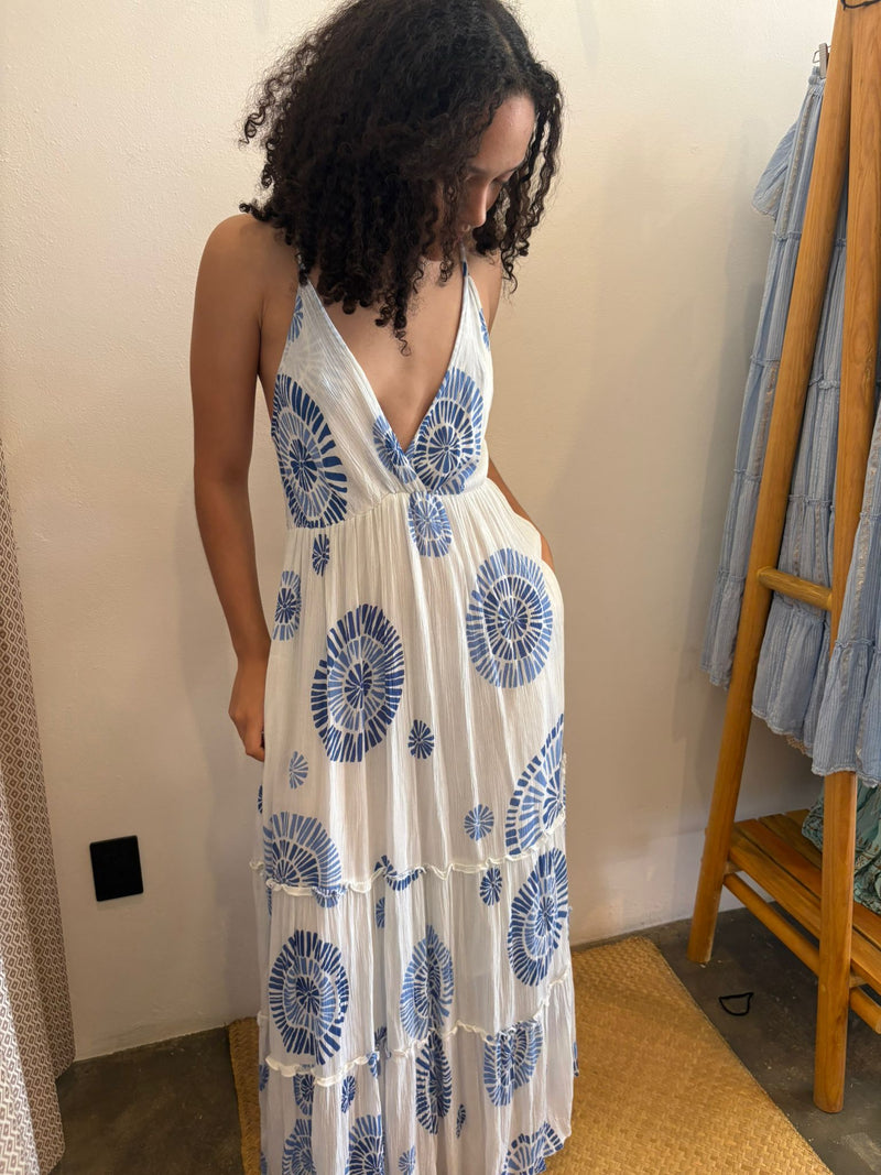 Vestido Largo blanco con detalles en  azul